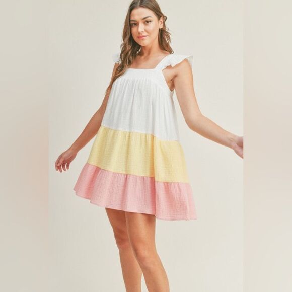 As U Wish Flutter Sleeve Pastel Colorblock Smocked Full Skirted Mini Dress 2X - Picture 1 of 8